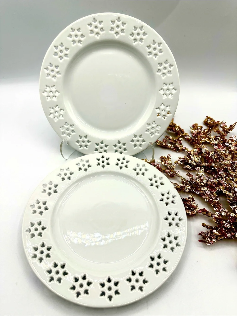 2 Crate&Barrel Snowflake Lace, Reticulated Dessert Plates. 7.75”